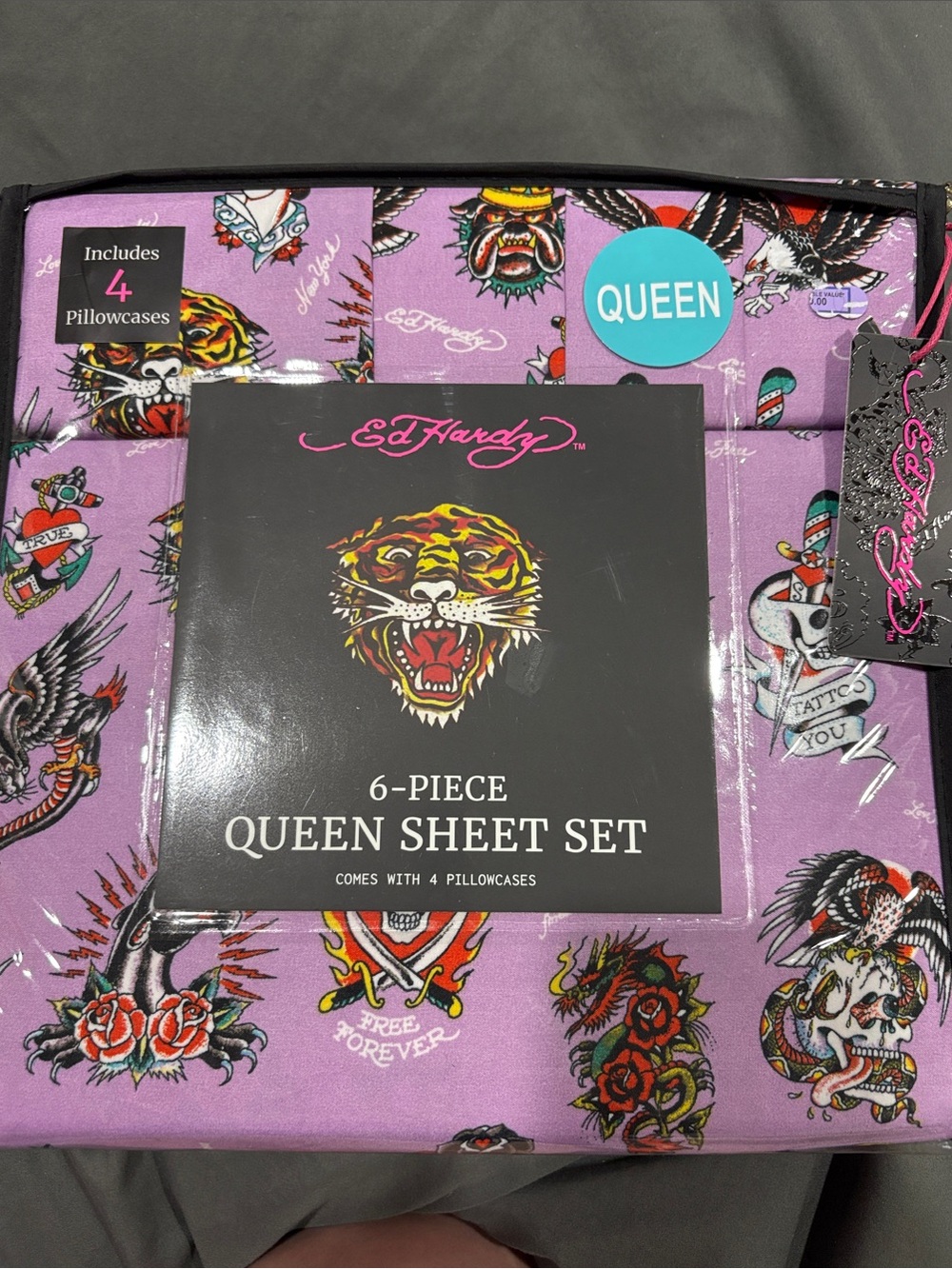 Ed Hardy Queen Sheet Set in Purple with Tattoo Graphics